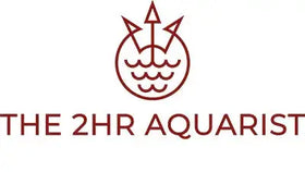 2hr aquarist logo with trident and water waves, burgundy color.