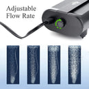 Black plastic AQQA dual outlet oxygen pump with green rotary dial for adjustable flow rate 20 to 40 gallons use