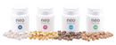Four white cylindrical bottles of aquario neo plants tab potassium root fertilizer with colored icons and plant-based tablets
