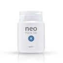 White plastic bottle of aquario neo plants tab k potassium root fertilizer with blue k logo and white screw-top cap