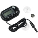 Black digital aquarium thermometer with coiled cable and suction cup attachment for accurate tank temperature monitoring