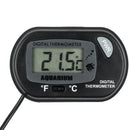 Black aquarium digital thermometer with gray display showing 21.5°c and labeled aquarium with power button on right side