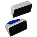 White and blue aquarium magnet cleaner with black abrasive surface for magnetic dry erase board cleaning