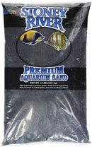 Black stony river premium aquarium sand in clear bag with blue branding