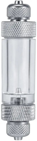 Silver metallic cylindrical co2 bubble counter with textured knurled caps and clear transparent body for single or double head use