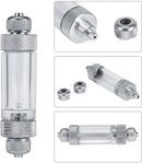Silver-toned metal and clear glass co2 bubble counter with textured knurled fittings for aquarium use