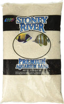 Stoney River White Sand premium aquarium sand in clear bag with fish label