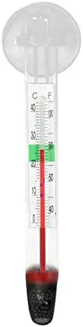 Clear glass thermometer with red liquid, green markings, suction cup base