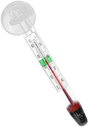 Clear glass thermometer with red liquid, green scale, and suction cup base