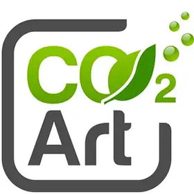 Green leafy co2 art logo on gray square background.