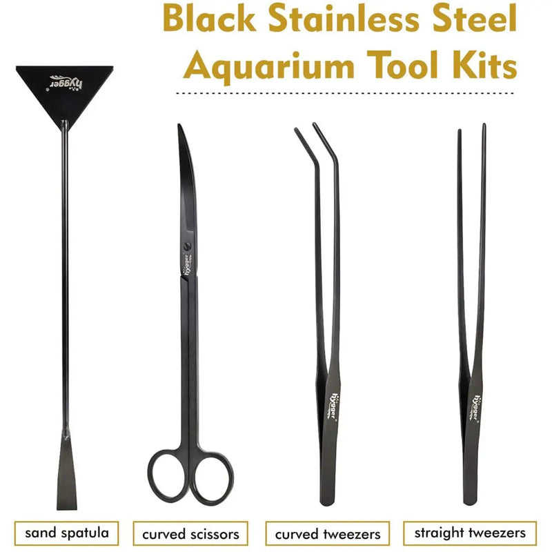 Hygger Black Stainless Steel Aquascaping Tool Kit with sand spatula, curved scissors, and straight tweezers