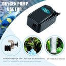 Black plastic hygger silent air pump with teal label showing model number for 5-20 gallon oxygen use