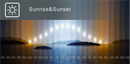 Ledstar aq-x LED clock displaying a serene sunrise and sunset scene with silhouetted islands and gradient sky colors