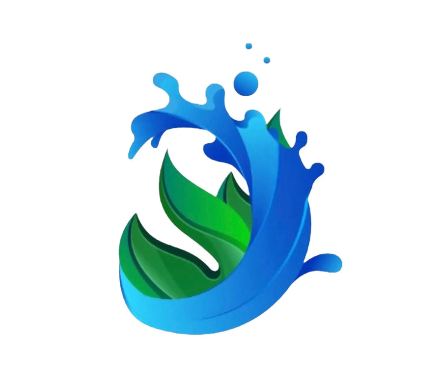 A stylized logo featuring a dynamic blue water splash encircling vibrant green leaves, rendered in smooth vector graphics.