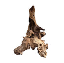 Mopani wood stump made of rugged driftwood with light tan and dark brown tones featuring intricate knots and hollows