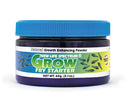 A purple jar with a bright blue ribbed lid labeled new life spectrum grow fry starter featuring fish illustrations