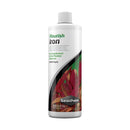 White plastic bottle of seachem flourish iron liquid iron supplement with green and black aquatic plant label for aquariums
