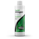 White plastic bottle with green and black label of seachem flourish nitrogen supplement for planted aquariums