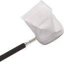 Shrimp net with white mesh, black handle, and silver metal ferrule for easy shrimp catching and handling