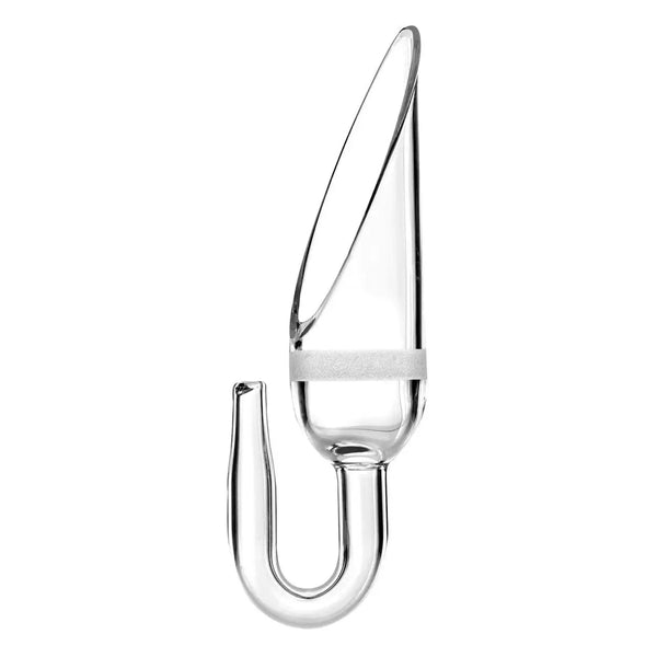 Modernist clear glass tulip decanter with curved stem and spout