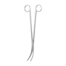 Silver stainless steel curved surgical forceps with pointed tips and circular finger loops for precision use