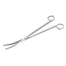 Silver-toned stainless steel curved scissors with rounded finger loops and a polished metallic finish for aquariums