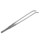 Silver stainless steel curved tweezers with smooth polished finish and slightly curved tips for precision handling