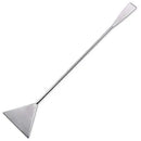 Silver stainless steel soil flattener with triangular metal stirrer and slender handle for soil preparation