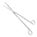 Stainless steel straight scissors with silver polished metal blades and ergonomic ring handles for surgical use