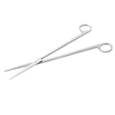 Stainless steel straight scissors with sleek silver polished metal blades and rounded finger loops for surgical use