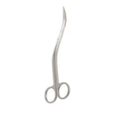 Silver stainless steel wavy surgical scissors with curved sharp blades and rounded finger loops for precision cutting