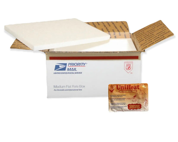 White foam box with brown tape, red logo, priority label for Winter Insulation Liner + Heat Pack